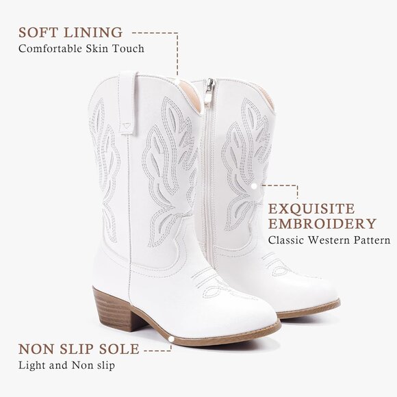 Kids White Pointed Toe Side Zipper Classic Embroidered Horse Riding Shoes - Picture 6 of 7